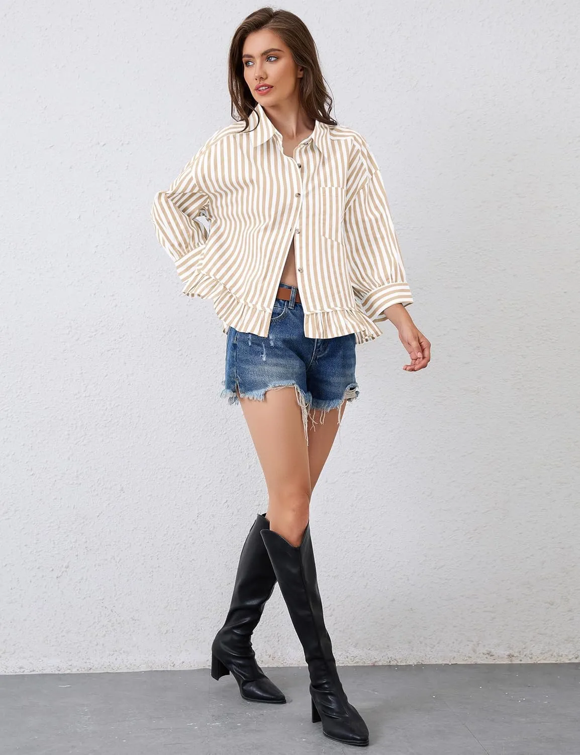 Womens 3/4 Length Sleeve Striped Button Down Shirt Loose Fit Drop Shoulder Trendy Ruffle Hem Striped Blouses Top