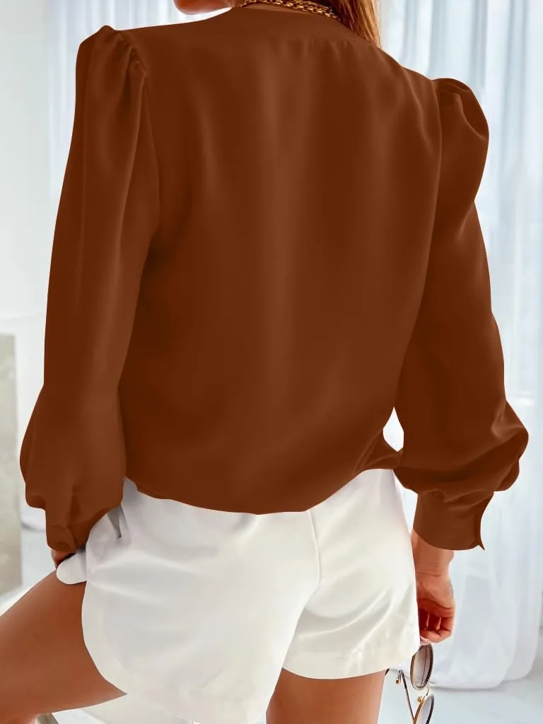 Women's Business Casual Tops Summer Long Sleeve Button Down Shirts V Neck Chiffon Blouses