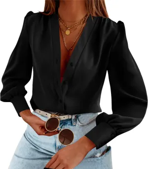 Women's Business Casual Tops Summer Long Sleeve Button Down Shirts V Neck Chiffon Blouses