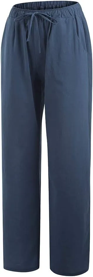 Women's Cotton Linen Pants Summer Wide Leg Pants Casual Loose Drawstring High Waist Palazzo Pants Trousers Pockets