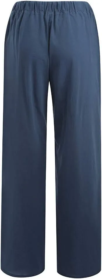 Women's Cotton Linen Pants Summer Wide Leg Pants Casual Loose Drawstring High Waist Palazzo Pants Trousers Pockets