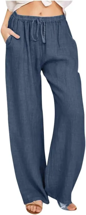 Women's Cotton Linen Pants Summer Wide Leg Pants Casual Loose Drawstring High Waist Palazzo Pants Trousers Pockets