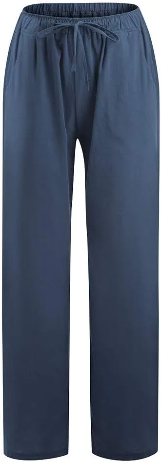 Women's Cotton Linen Pants Summer Wide Leg Pants Casual Loose Drawstring High Waist Palazzo Pants Trousers Pockets