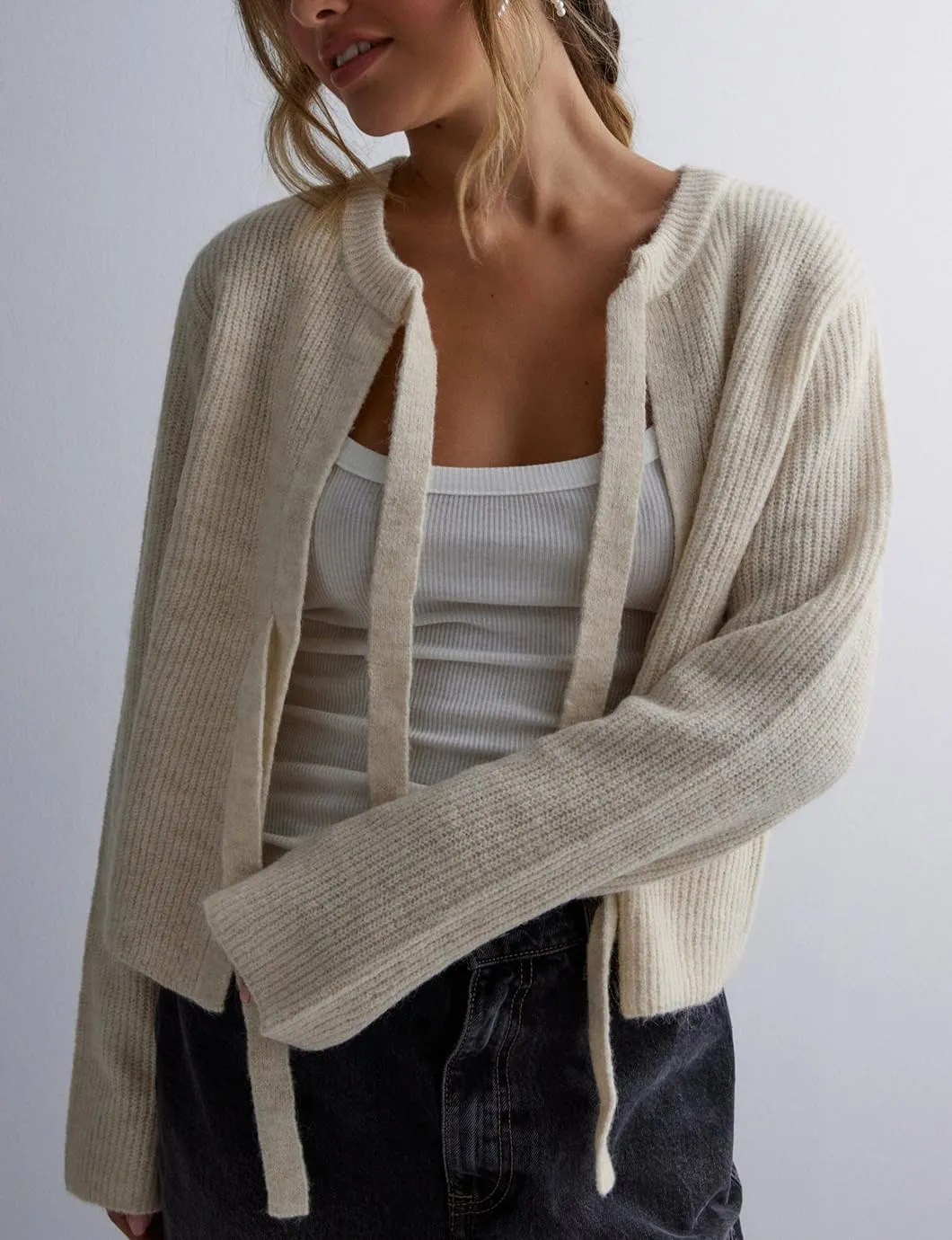 Women's Cropped Ribbed Knit Cardigan Long Sleeve Bow Tie Front Open Front Knitwear Tops