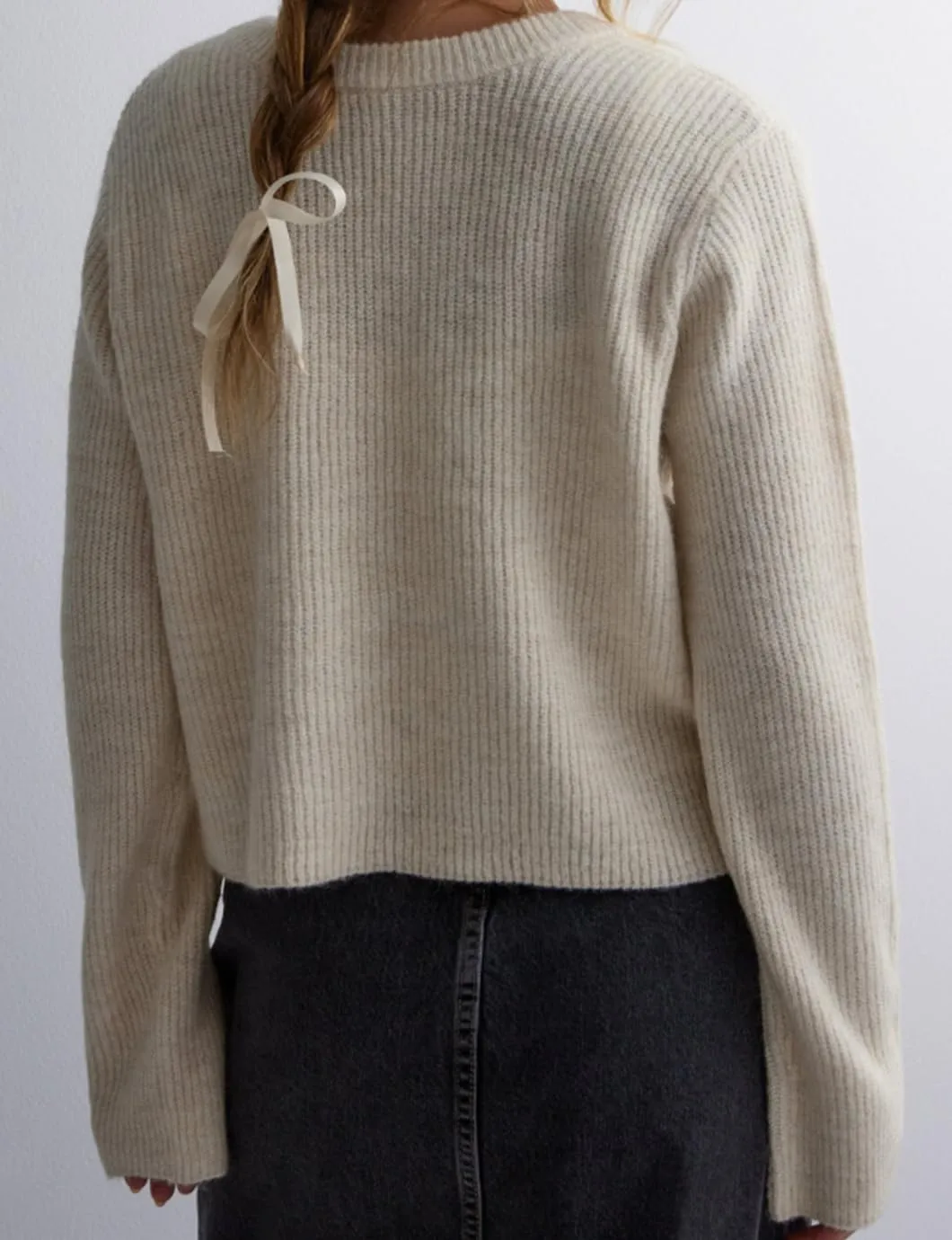 Women's Cropped Ribbed Knit Cardigan Long Sleeve Bow Tie Front Open Front Knitwear Tops