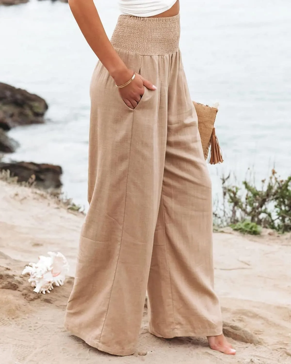 Womens High Waist Palazzo Linen Pants Wide Leg Casual Lightweight Trousers Summer Hawaii Beach Pants Vacation Outfits