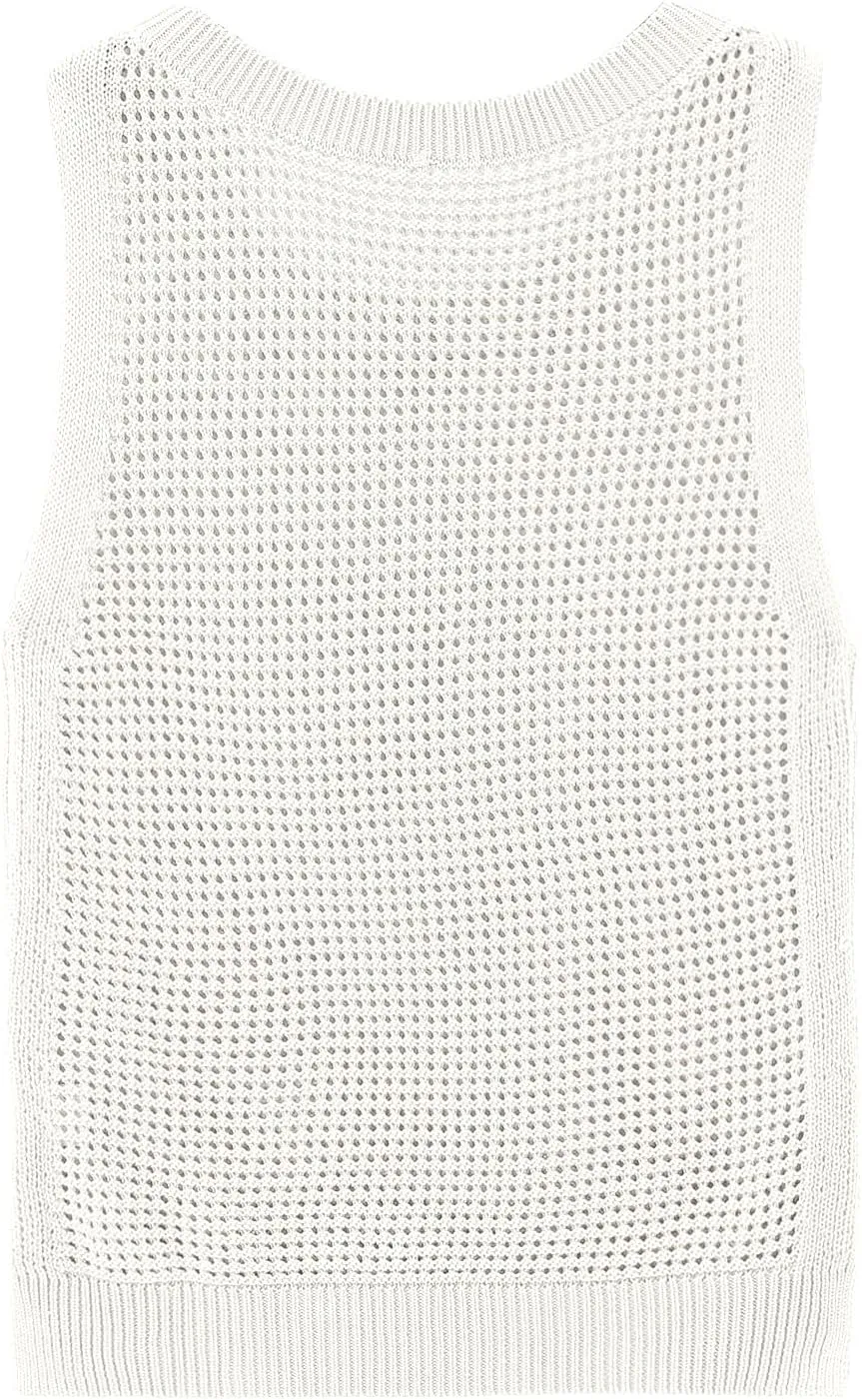 Womens Knit Sweater Vest Summer Tank Tops Round Neck Crochet Hollow Out Sleeveless Crop Top