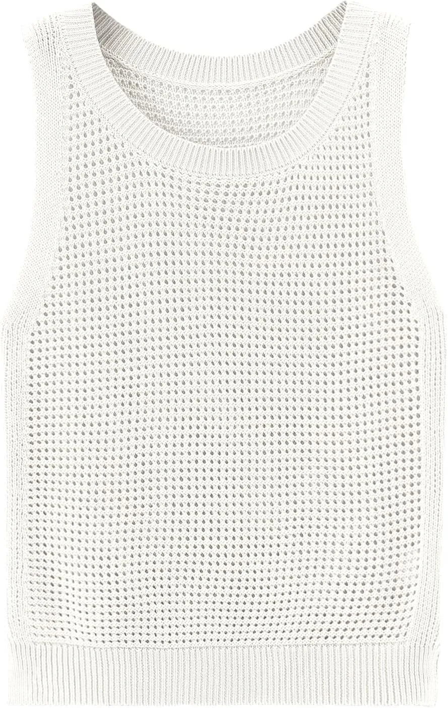 Womens Knit Sweater Vest Summer Tank Tops Round Neck Crochet Hollow Out Sleeveless Crop Top