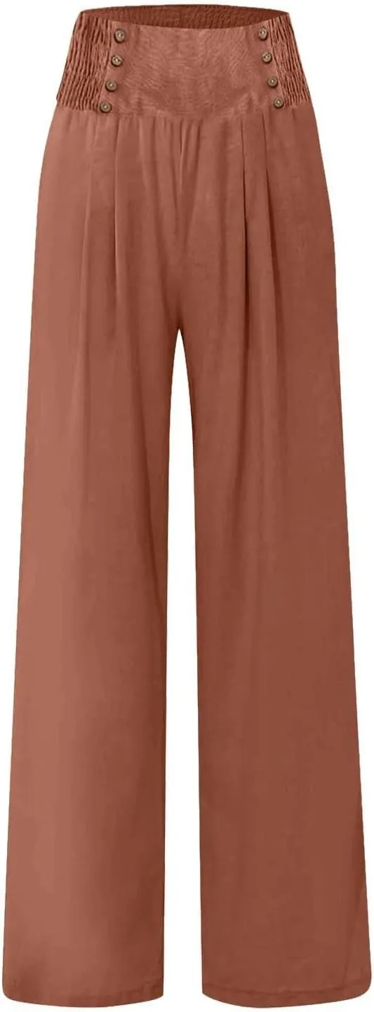Women's Linen Blend Summer Flowy Pant Trousers Low Waist Ankle Length Loose Fit Trousers Vacation