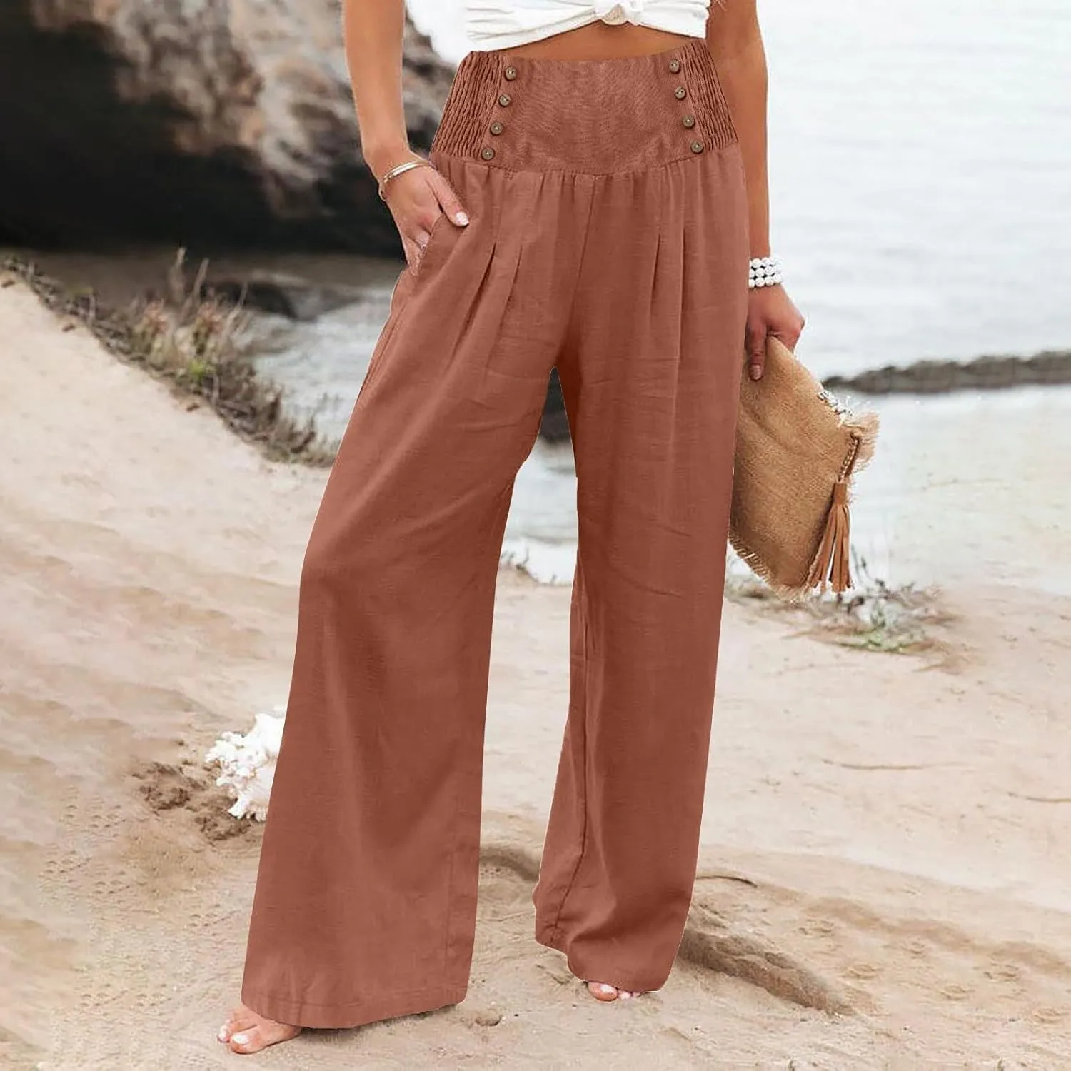 Women's Linen Blend Summer Flowy Pant Trousers Low Waist Ankle Length Loose Fit Trousers Vacation