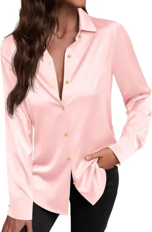 Women's Satin Button Down Shirts V-Neck Long Sleeve Tops Summer Business Office Silk Blouses Fashion Spring Shirt 2025
