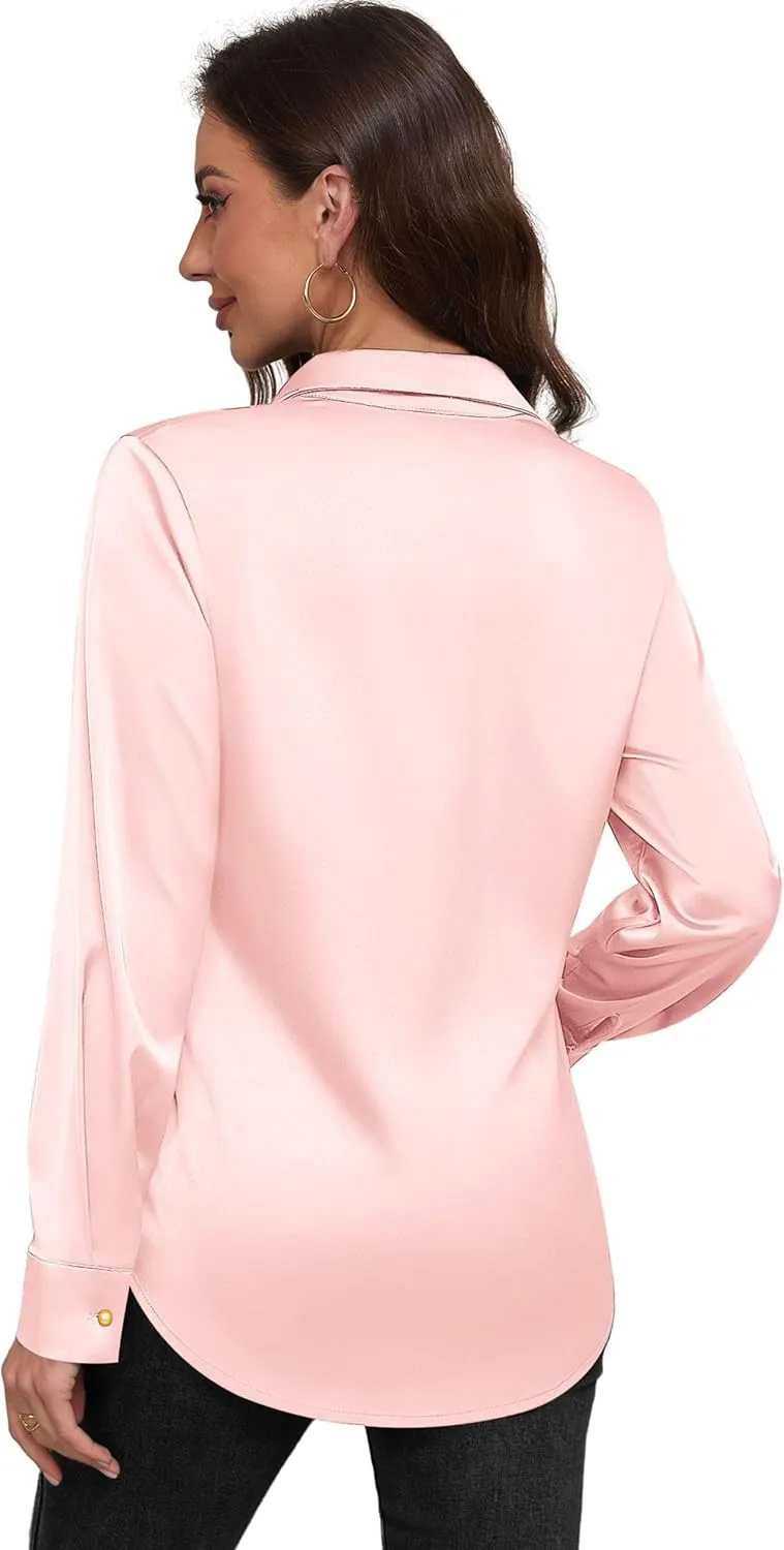 Women's Satin Button Down Shirts V-Neck Long Sleeve Tops Summer Business Office Silk Blouses Fashion Spring Shirt 2025