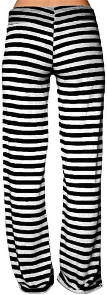 Womens Striped Wide Leg Pants Elastic High Waist Drawstring Trousers Loose Fitness Dancing Yoga Pants