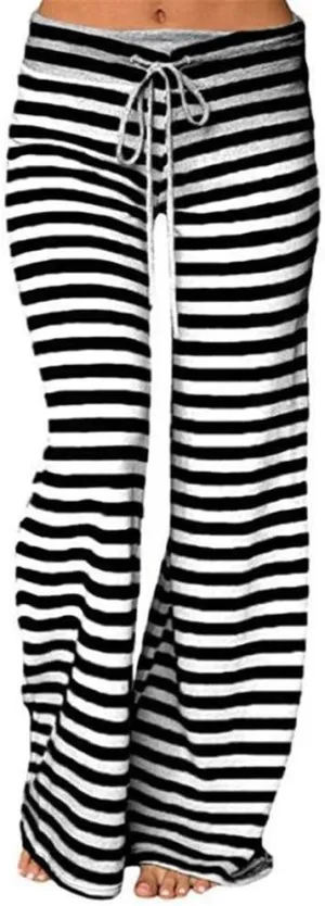Womens Striped Wide Leg Pants Elastic High Waist Drawstring Trousers Loose Fitness Dancing Yoga Pants