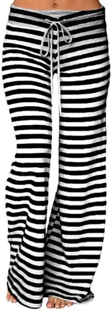 Womens Striped Wide Leg Pants Elastic High Waist Drawstring Trousers Loose Fitness Dancing Yoga Pants