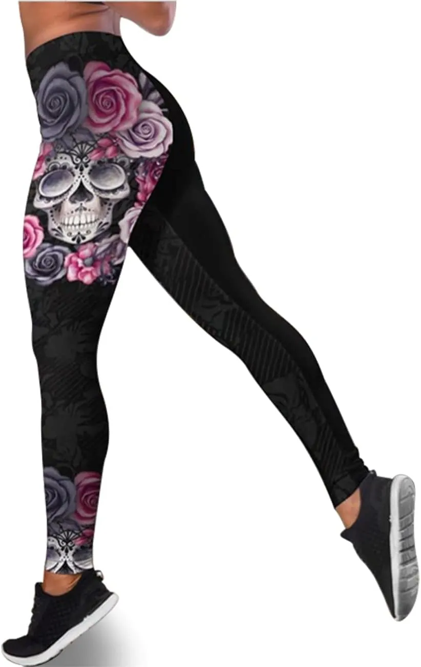 Womens Sugar Skull Yoga Outfits for Women 2 Piece Sets, Summer Tank Tops Leggings Workout Activewear for Girls