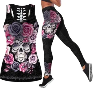 Womens Sugar Skull Yoga Outfits for Women 2 Piece Sets, Summer Tank Tops Leggings Workout Activewear for Girls