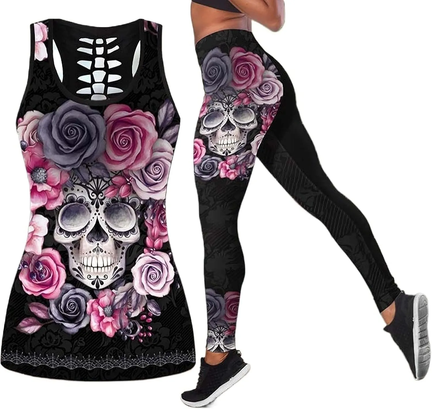 Womens Sugar Skull Yoga Outfits for Women 2 Piece Sets, Summer Tank Tops Leggings Workout Activewear for Girls