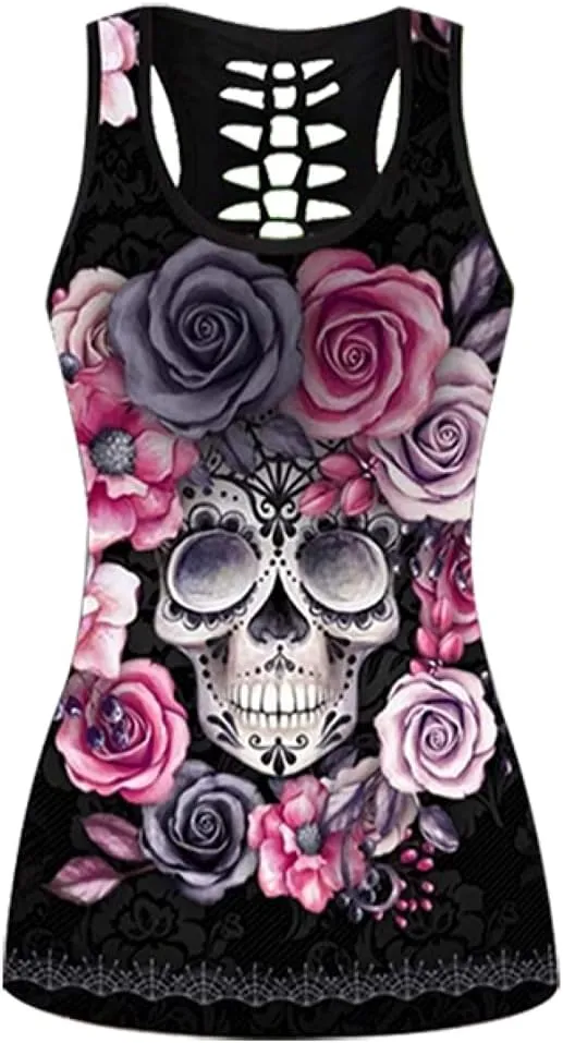 Womens Sugar Skull Yoga Outfits for Women 2 Piece Sets, Summer Tank Tops Leggings Workout Activewear for Girls