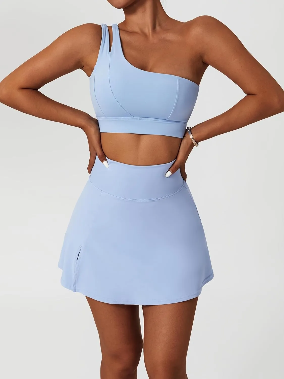 Women's Tennis Skirts Sport Bra Sets High Waisted Golf Skorts Skirt One Shoulder Sports Bra Running Workout Activewear
