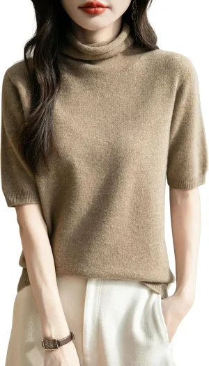 Women's Turtleneck 100% Merino Wool Spring Fall Winter First-Line Ready to Wear Seamless Knit Short Sleeve Sweater