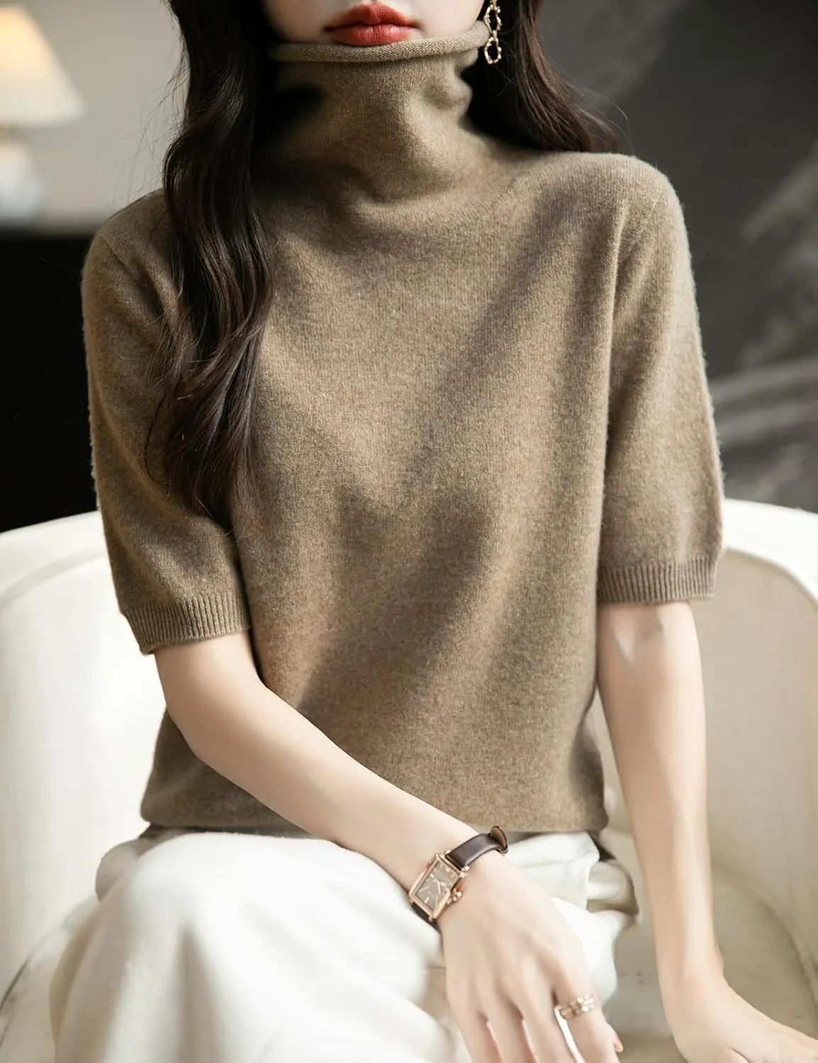 Women's Turtleneck 100% Merino Wool Spring Fall Winter First-Line Ready to Wear Seamless Knit Short Sleeve Sweater