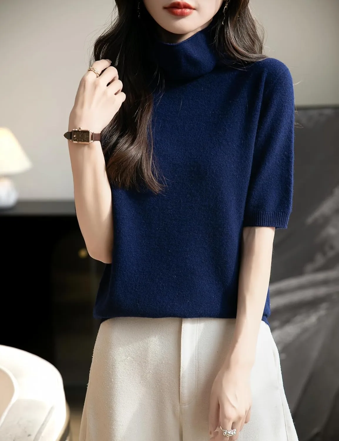 Women's Turtleneck 100% Merino Wool Spring Fall Winter First-Line Ready to Wear Seamless Knit Short Sleeve Sweater