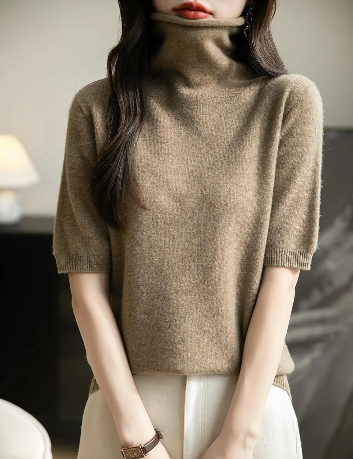 Women's Turtleneck 100% Merino Wool Spring Fall Winter First-Line Ready to Wear Seamless Knit Short Sleeve Sweater