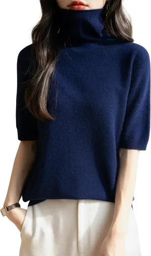 Women's Turtleneck 100% Merino Wool Spring Fall Winter First-Line Ready to Wear Seamless Knit Short Sleeve Sweater