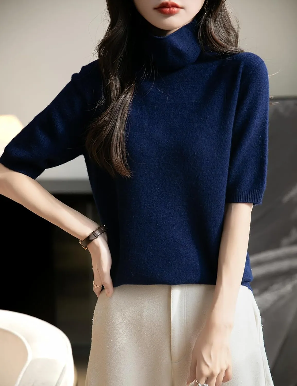 Women's Turtleneck 100% Merino Wool Spring Fall Winter First-Line Ready to Wear Seamless Knit Short Sleeve Sweater
