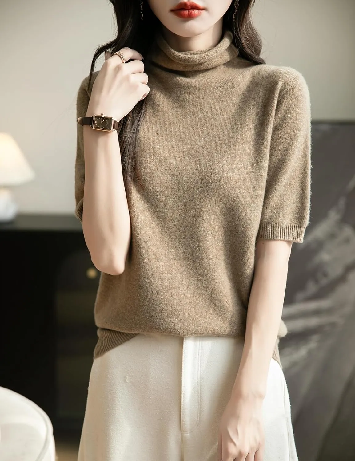 Women's Turtleneck 100% Merino Wool Spring Fall Winter First-Line Ready to Wear Seamless Knit Short Sleeve Sweater