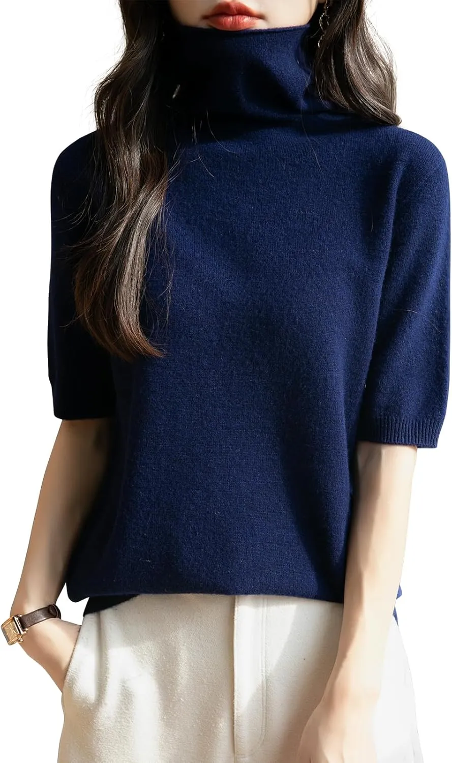 Women's Turtleneck 100% Merino Wool Spring Fall Winter First-Line Ready to Wear Seamless Knit Short Sleeve Sweater