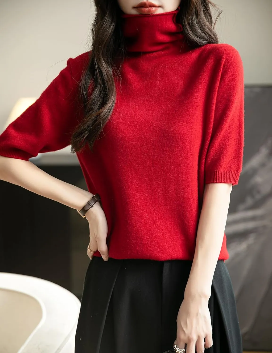 Women's Turtleneck 100% Merino Wool Spring Fall Winter First-Line Ready to Wear Seamless Knit Short Sleeve Sweater
