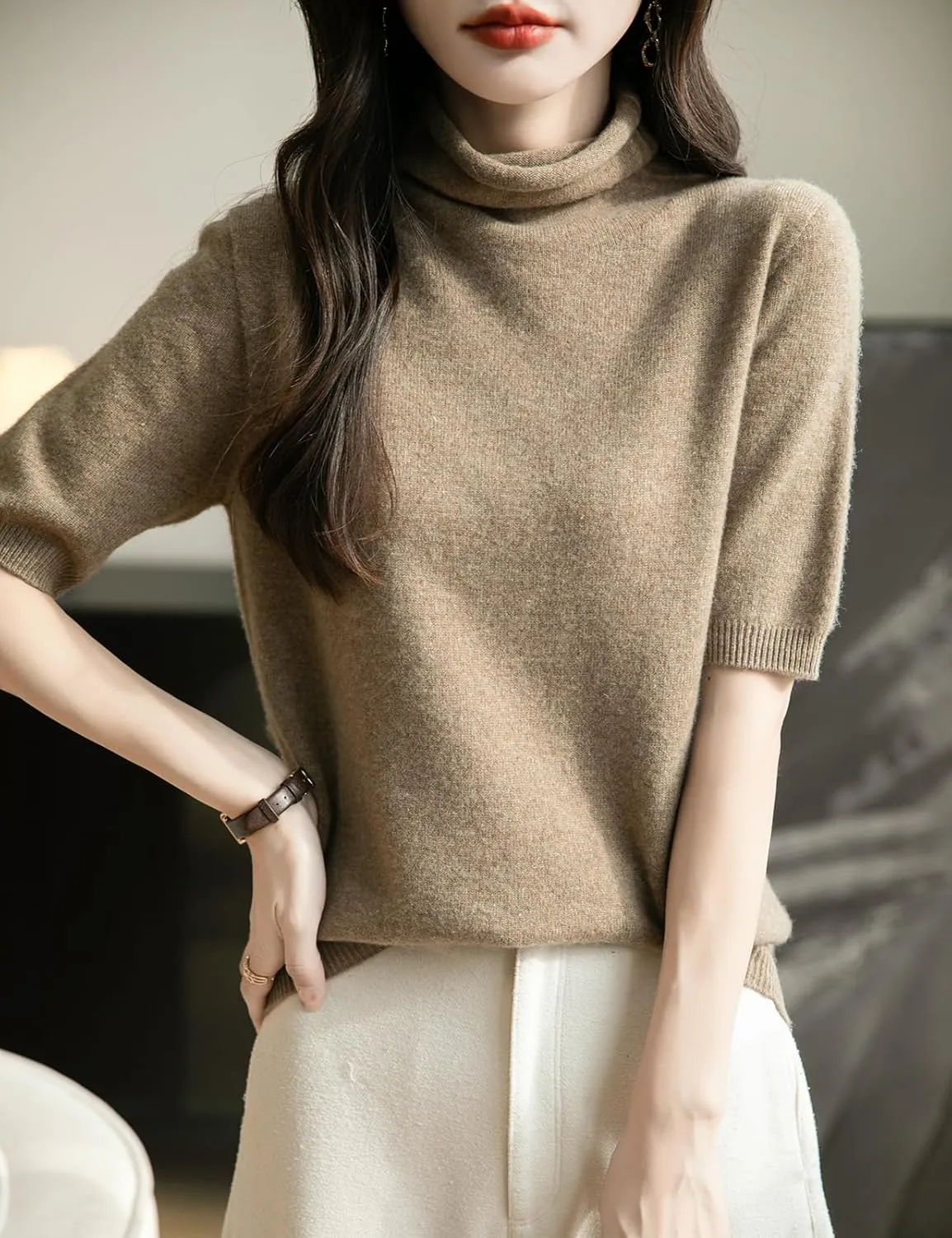 Women's Turtleneck 100% Merino Wool Spring Fall Winter First-Line Ready to Wear Seamless Knit Short Sleeve Sweater