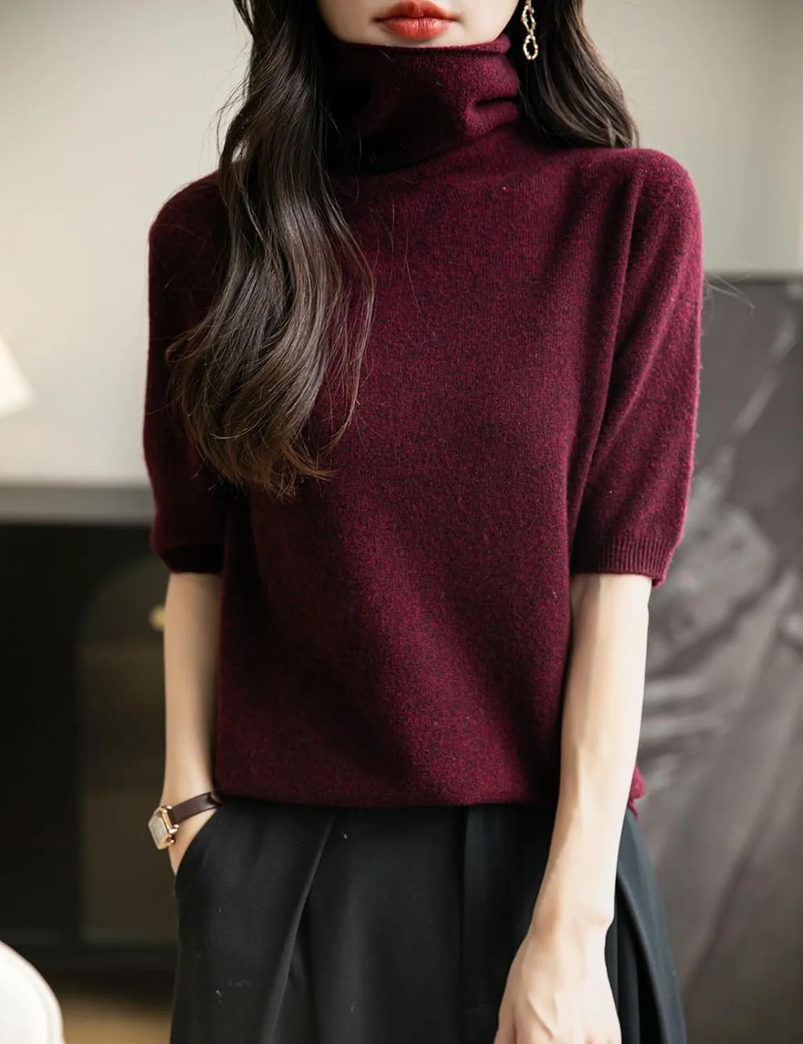 Women's Turtleneck 100% Merino Wool Spring Fall Winter First-Line Ready to Wear Seamless Knit Short Sleeve Sweater