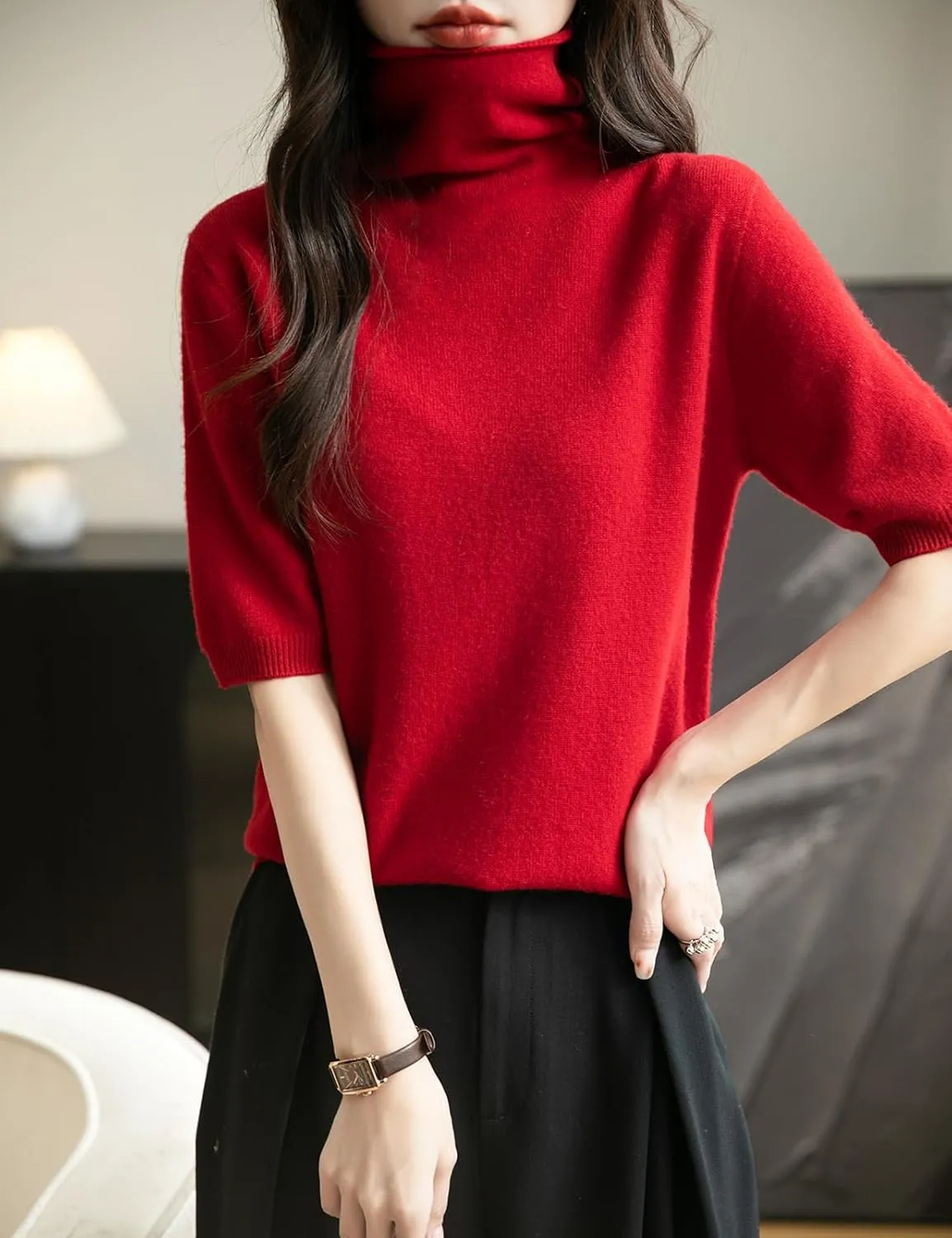 Women's Turtleneck 100% Merino Wool Spring Fall Winter First-Line Ready to Wear Seamless Knit Short Sleeve Sweater