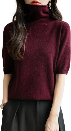 Women's Turtleneck 100% Merino Wool Spring Fall Winter First-Line Ready to Wear Seamless Knit Short Sleeve Sweater