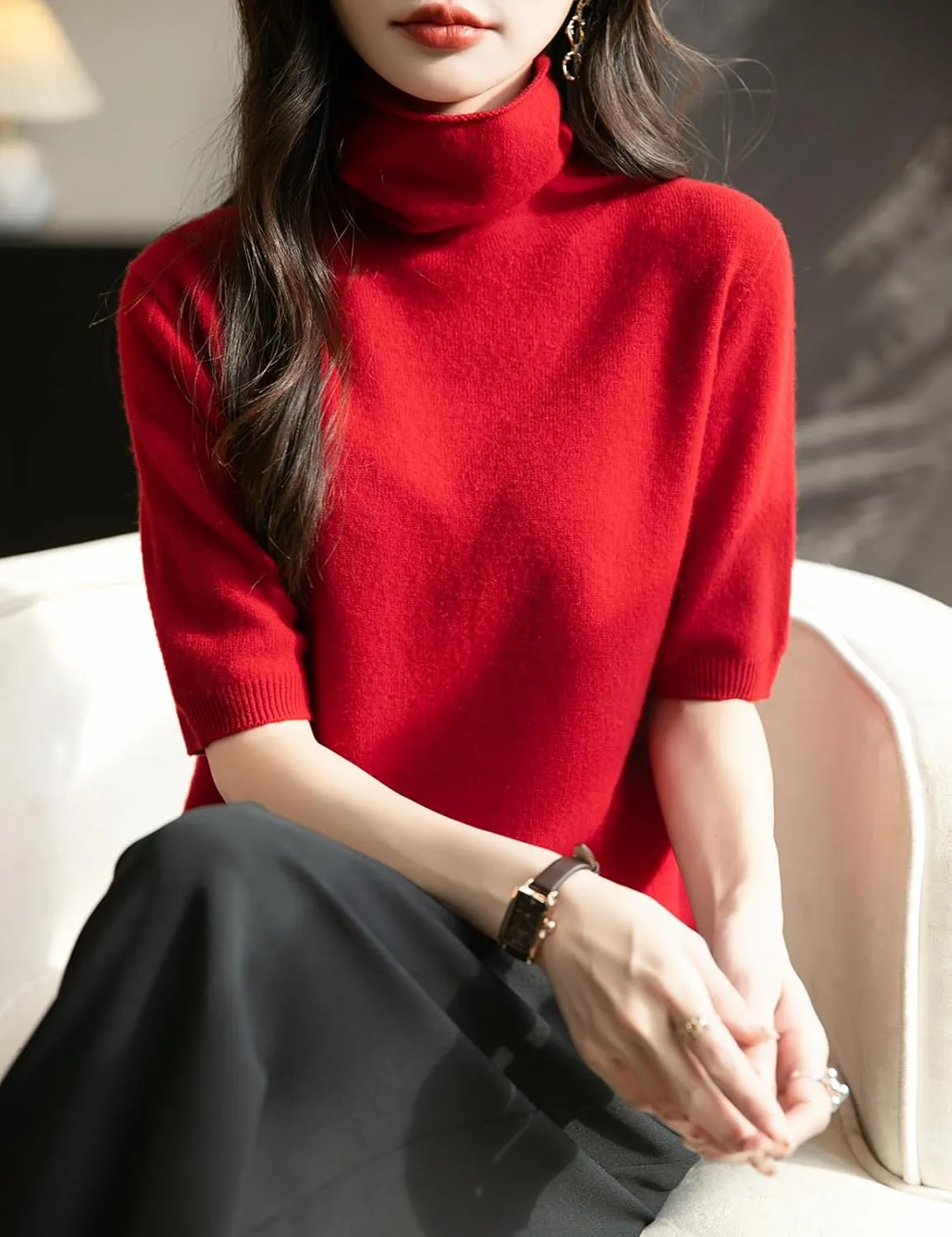 Women's Turtleneck 100% Merino Wool Spring Fall Winter First-Line Ready to Wear Seamless Knit Short Sleeve Sweater