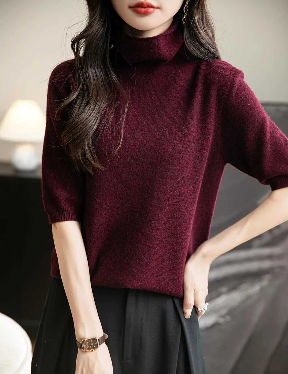 Women's Turtleneck 100% Merino Wool Spring Fall Winter First-Line Ready to Wear Seamless Knit Short Sleeve Sweater
