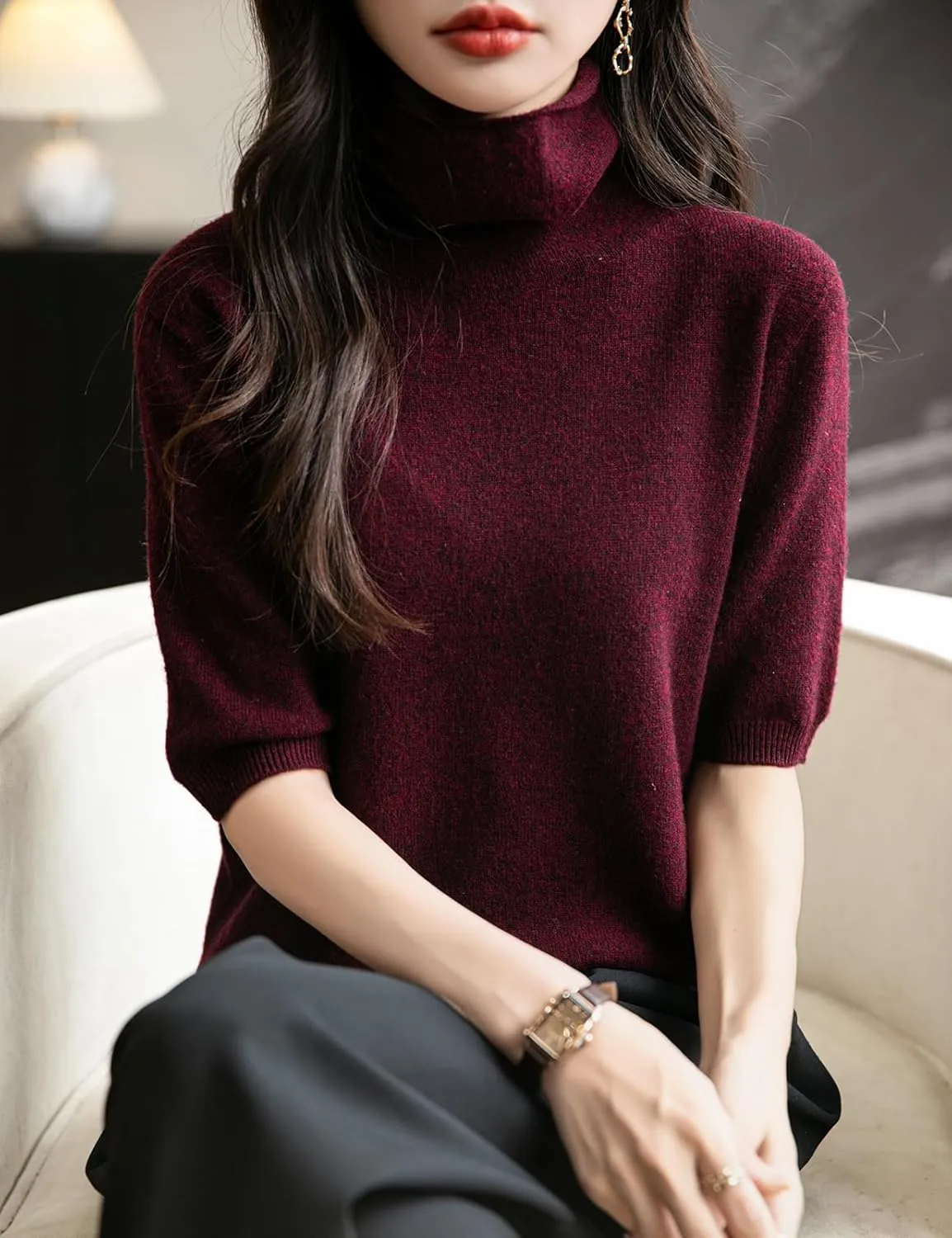 Women's Turtleneck 100% Merino Wool Spring Fall Winter First-Line Ready to Wear Seamless Knit Short Sleeve Sweater