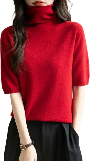Women's Turtleneck 100% Merino Wool Spring Fall Winter First-Line Ready to Wear Seamless Knit Short Sleeve Sweater
