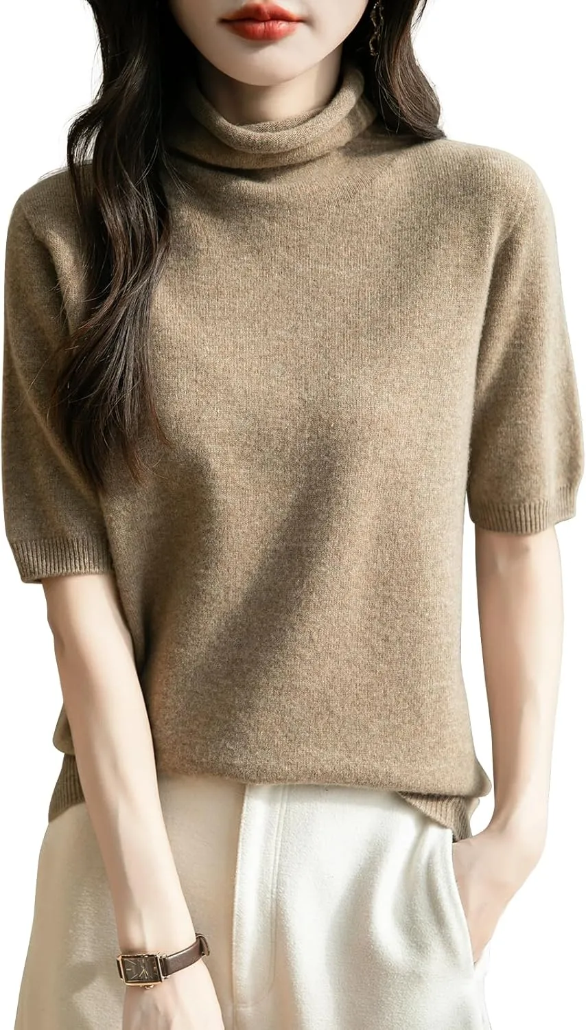 Women's Turtleneck 100% Merino Wool Spring Fall Winter First-Line Ready to Wear Seamless Knit Short Sleeve Sweater