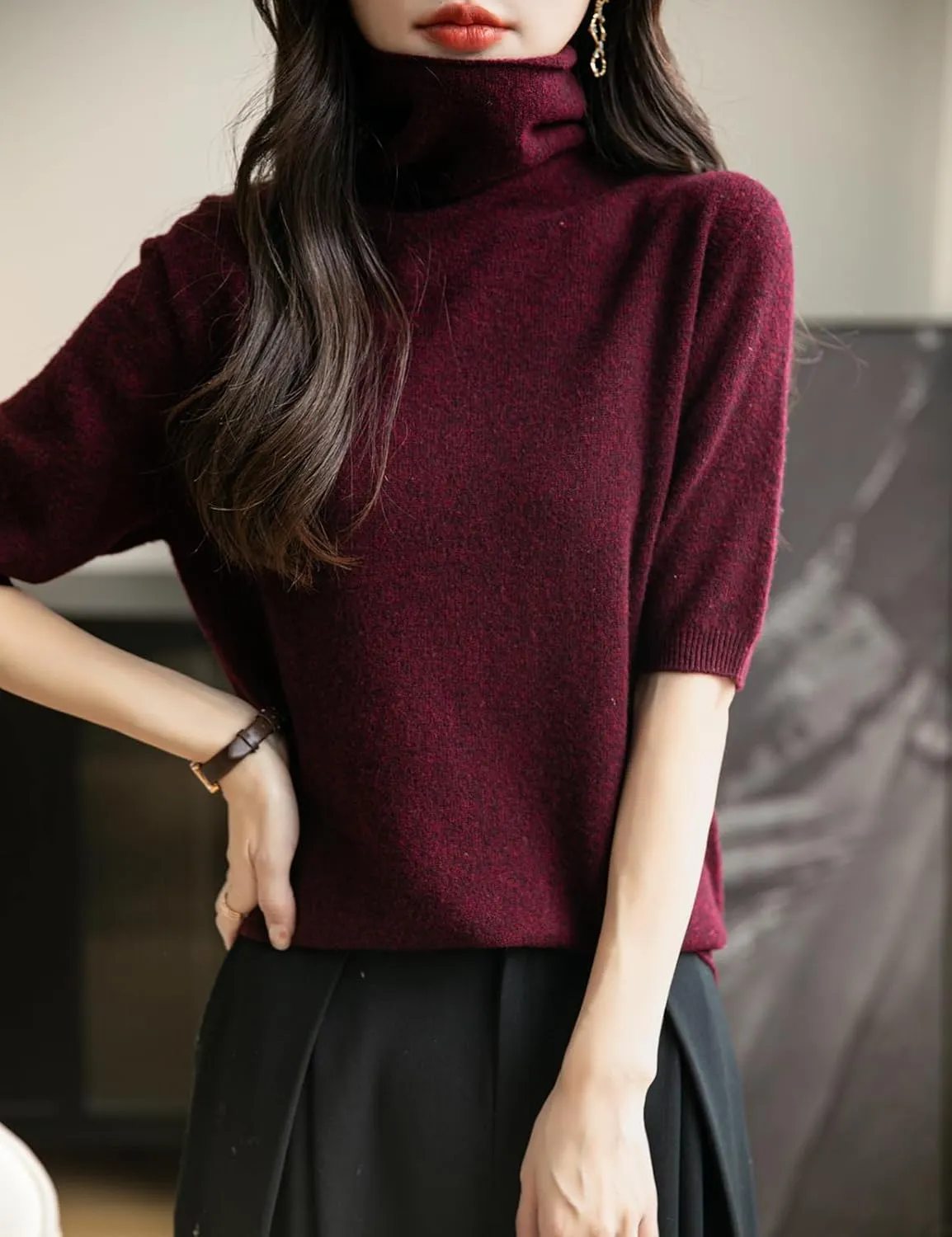 Women's Turtleneck 100% Merino Wool Spring Fall Winter First-Line Ready to Wear Seamless Knit Short Sleeve Sweater