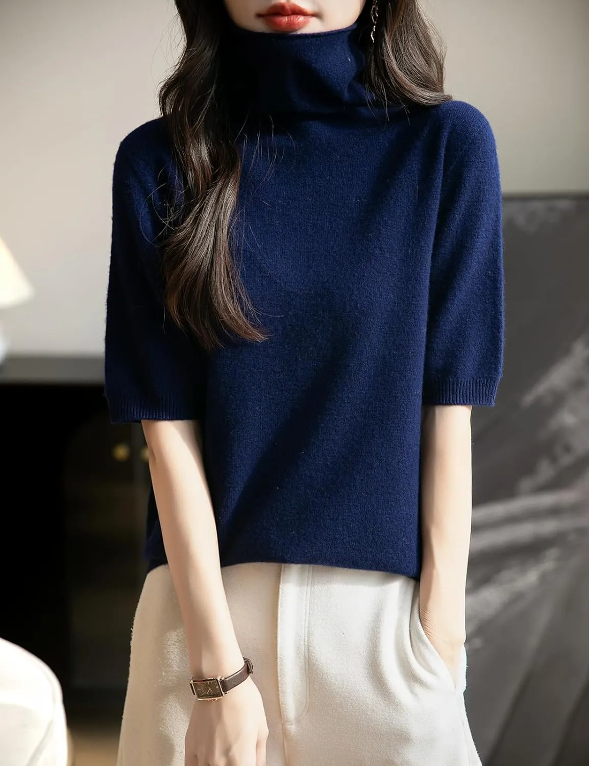 Women's Turtleneck 100% Merino Wool Spring Fall Winter First-Line Ready to Wear Seamless Knit Short Sleeve Sweater