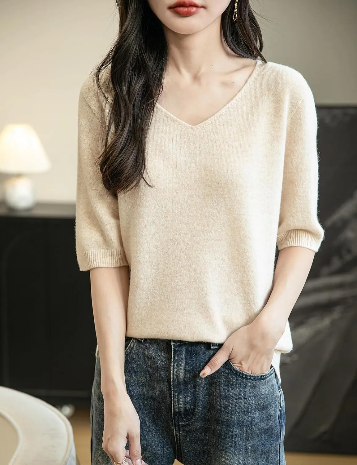 Women's V-Neck 100% Merino Wool Spring Fall Winter First-Line Ready to Wear Seamless Knit Shirt Short Sleeve Sweater