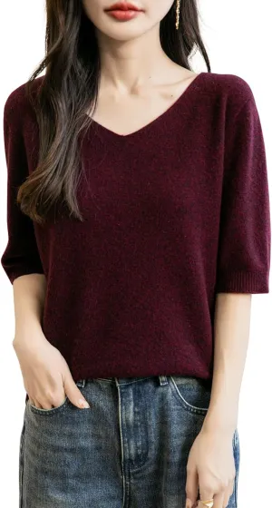 Women's V-Neck 100% Merino Wool Spring Fall Winter First-Line Ready to Wear Seamless Knit Shirt Short Sleeve Sweater