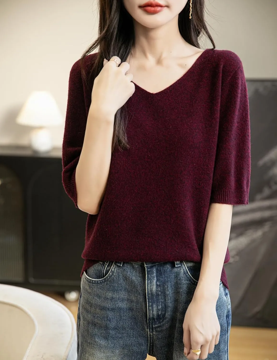 Women's V-Neck 100% Merino Wool Spring Fall Winter First-Line Ready to Wear Seamless Knit Shirt Short Sleeve Sweater
