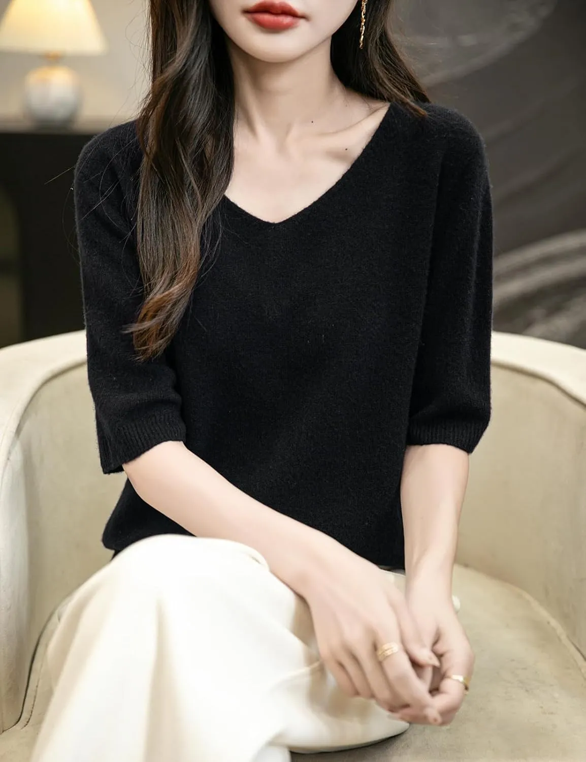 Women's V-Neck 100% Merino Wool Spring Fall Winter First-Line Ready to Wear Seamless Knit Shirt Short Sleeve Sweater