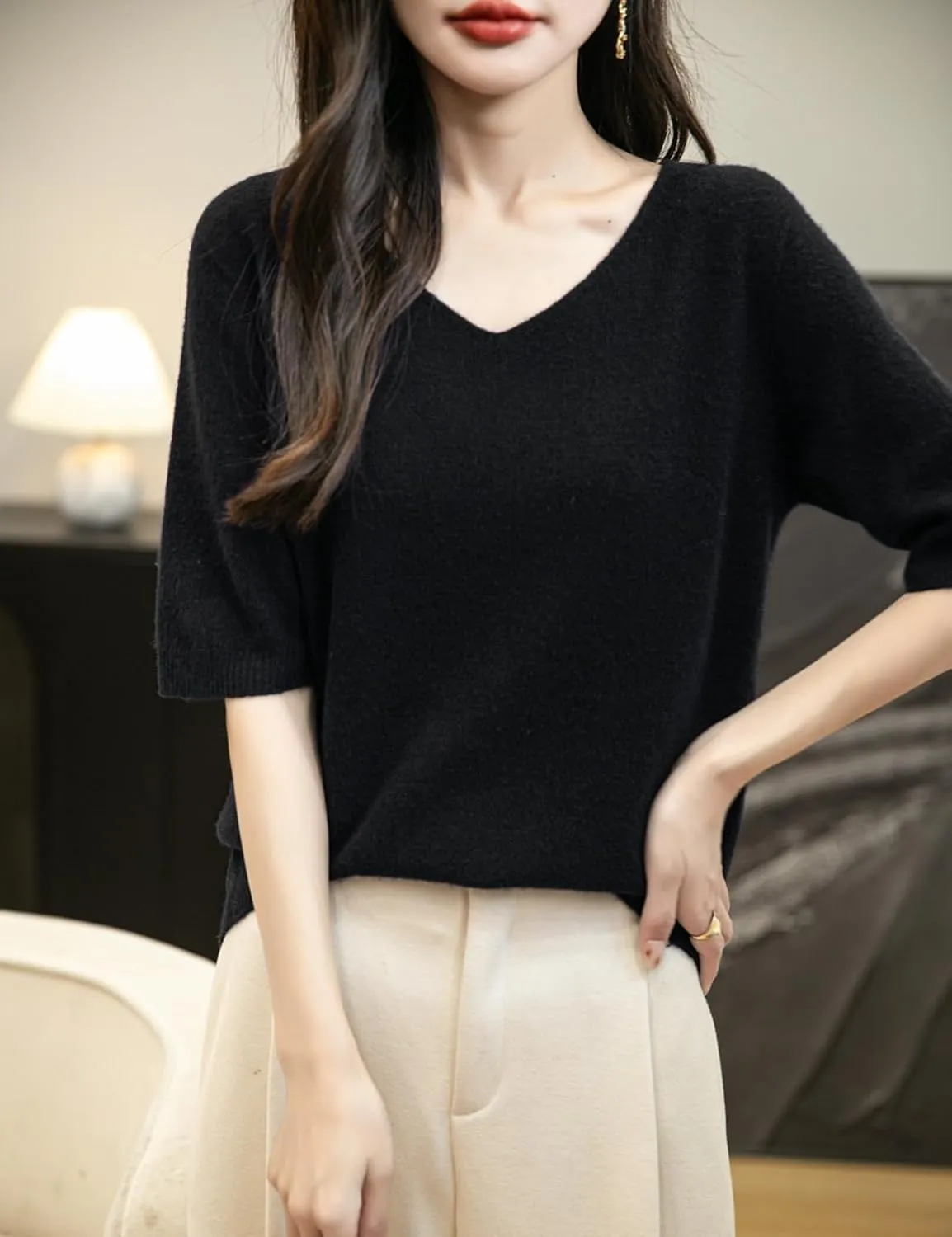 Women's V-Neck 100% Merino Wool Spring Fall Winter First-Line Ready to Wear Seamless Knit Shirt Short Sleeve Sweater