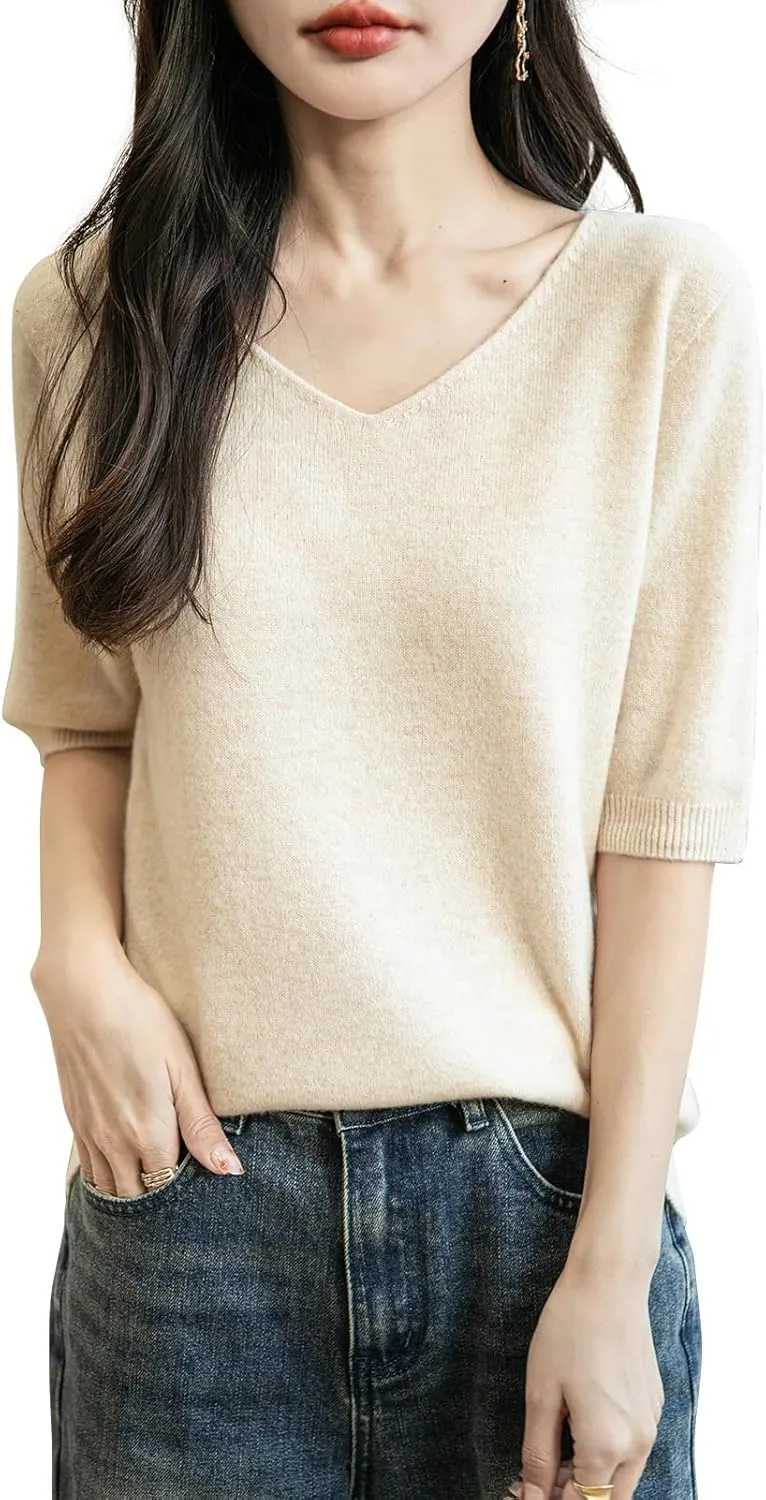 Women's V-Neck 100% Merino Wool Spring Fall Winter First-Line Ready to Wear Seamless Knit Shirt Short Sleeve Sweater